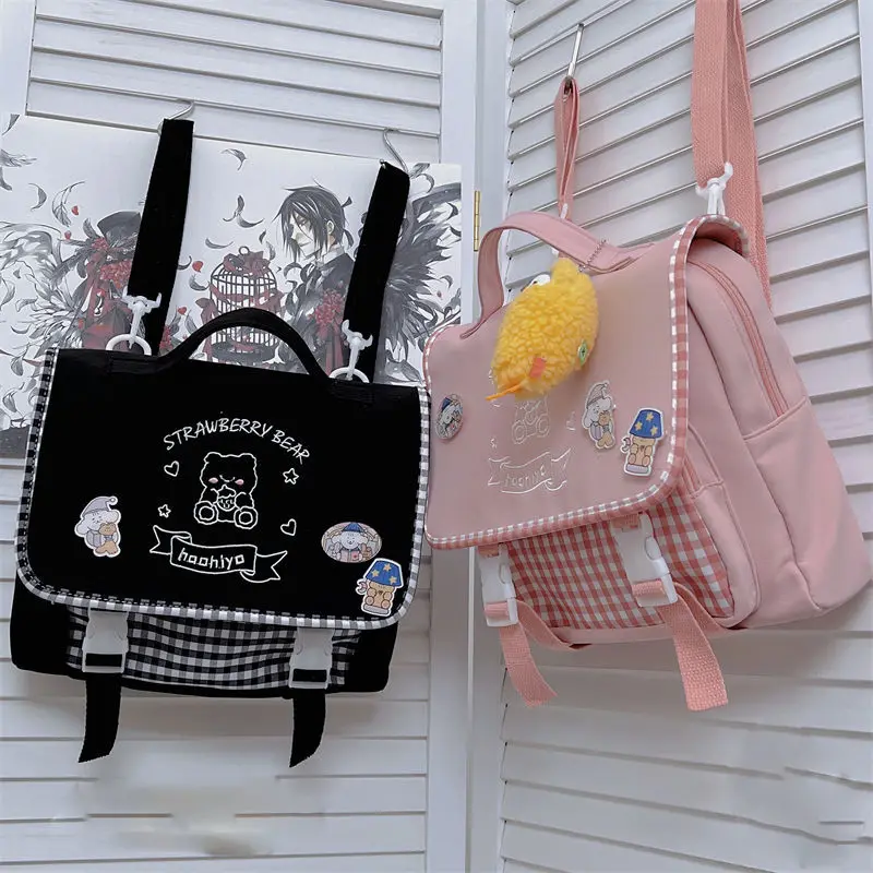 2023 Japanese Style JK Uniform Backpacks Kawaii Bear Embroidery Women Shoulder Bag 4 Colors Zipper Bag Female with Cartoon Badge