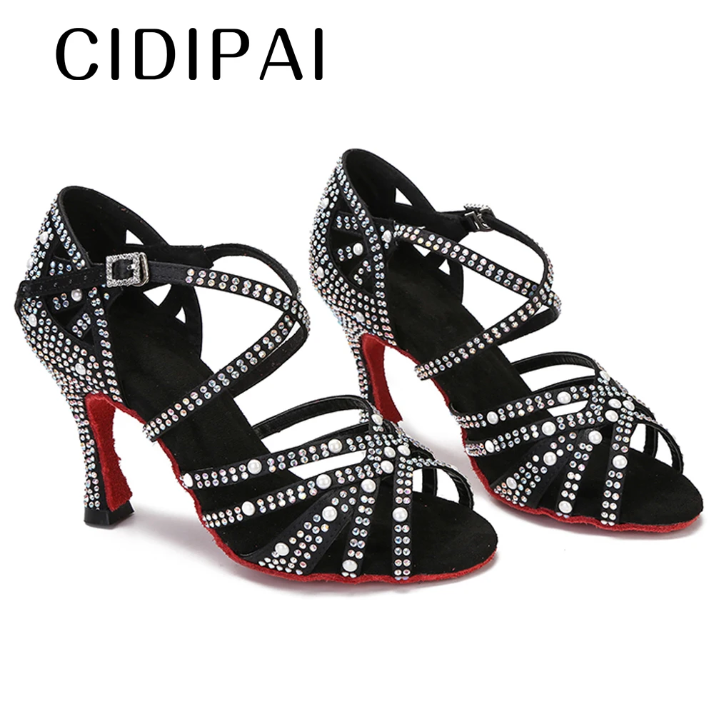 

CIDIPAI Rhinestones Latin Dance Shoes Woman Salsa Silk Satin Dancing Shoes Red Sole Ballroom Party Shoes Women Wedding Shoes