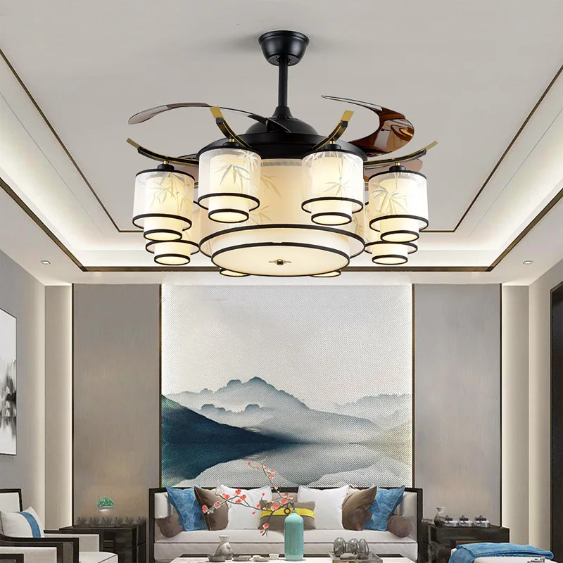 

Led Celing Fan Pendant Lamp Light Chandelier Art Chinese style antique invisible electric household bedroom ventilador de techo
