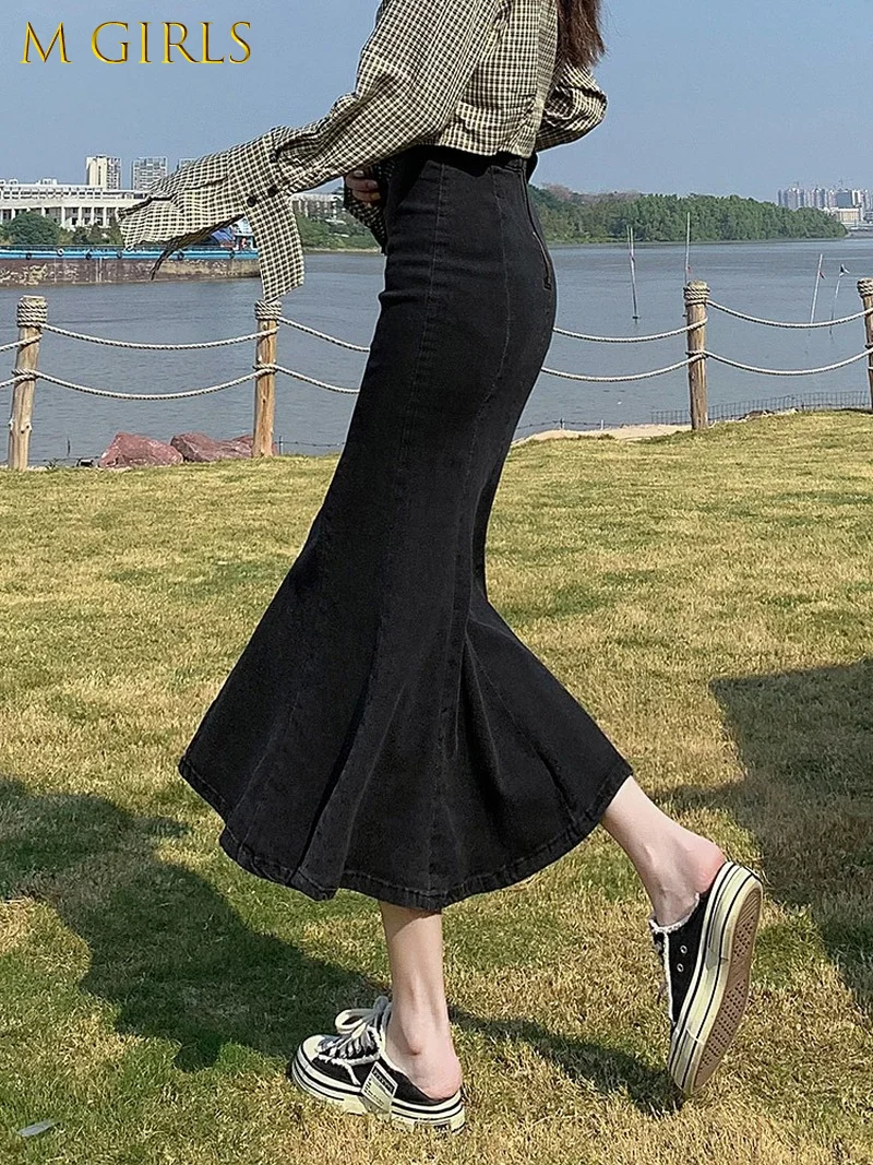 

F GIRLSFaldas Largas Mujer Autumn Sexy Slim Wrap Hip Black Denim Mermaid Skirts Women's Split Wild Ruffled Retro Goth Streetwear