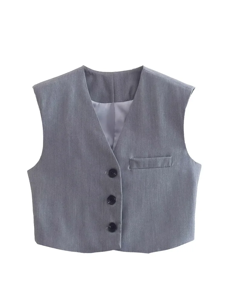 Женский короткий однобортный жилет без рукавов с V-образным вырезом |