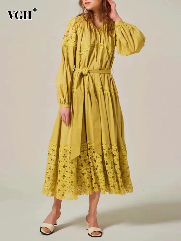 

VGH Elegant White Dress For Women Stand Collar Loose Lantern Sleeve Cut Out High Waist Long Dresses Female 2022 Spring Clothing