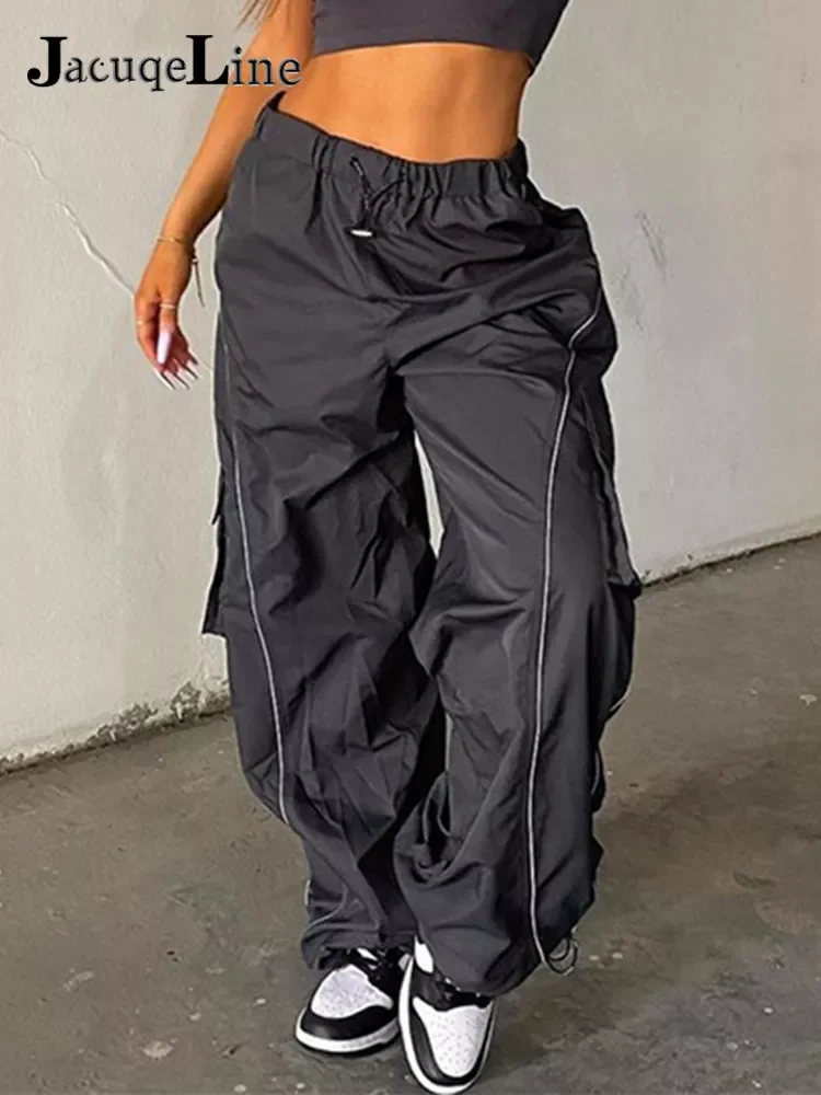 

Jacuqeline 2022 Loose Wide Leg Baggy Pants Women Hippie Casual Streetwear Low Waist Cargo Trousers Contrast Stitching Sweatpants