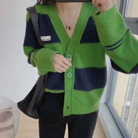 women v neck button loose pullovers cute all match casual leisure jumpers green pullovers black green striped knitted sweaters