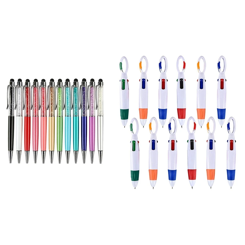 

12Pcs Bling Bling Slim Crystal Diamond Stylus Pen With 12Pcs Shuttle Pens Retractable Four Neon Color Pens In One