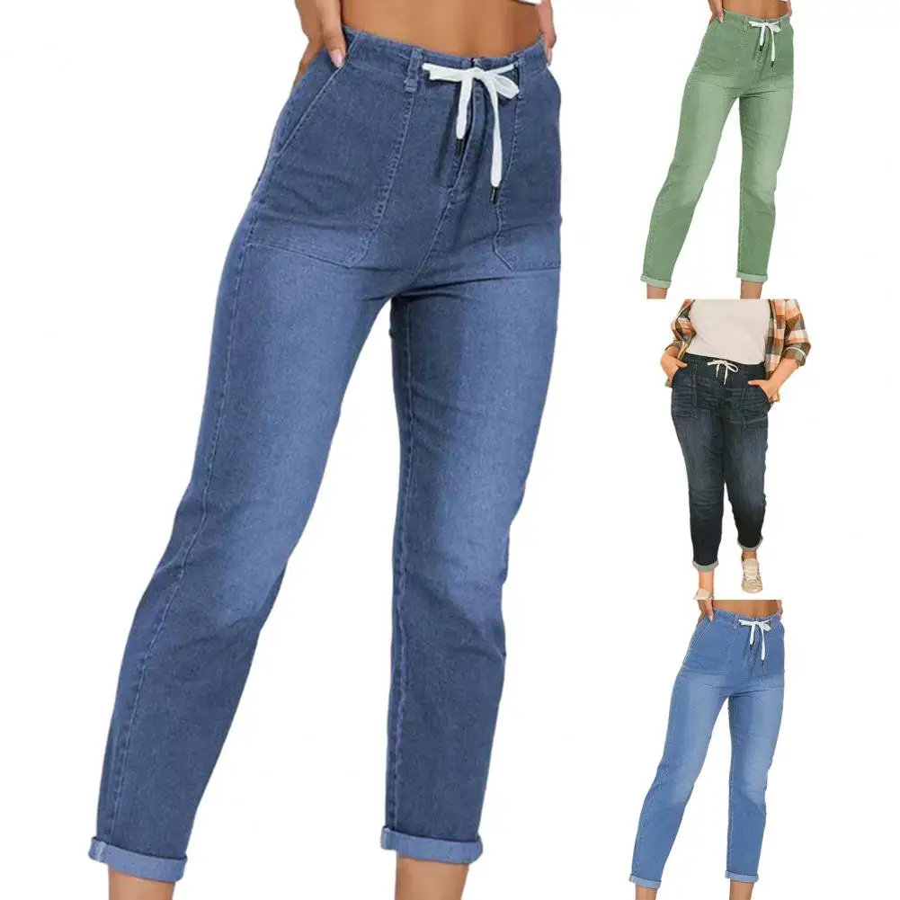 

Women Jeans Autumn High Waist Denim Pants Slim Fit Zipper Fly Lace-up Pockets Elastic Jeans Streetwear