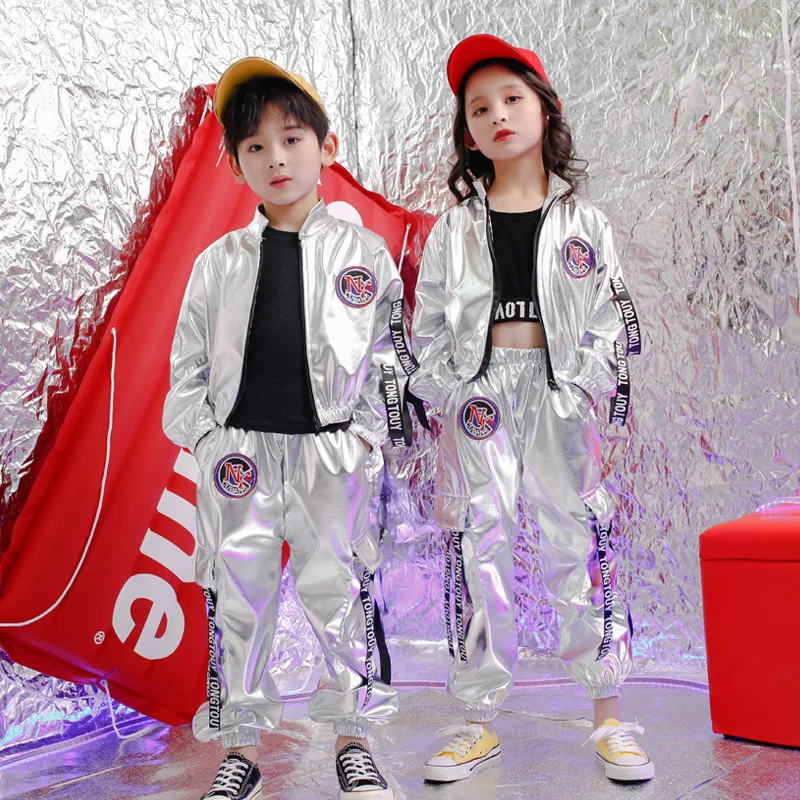 

Детские джазовые танцевальные костюмы в стиле хип-хоп из искусственной кожи серебристого цвета с длинным рукавом Куртка пальто брюки костюм уличный танцевальный костюм для сцены