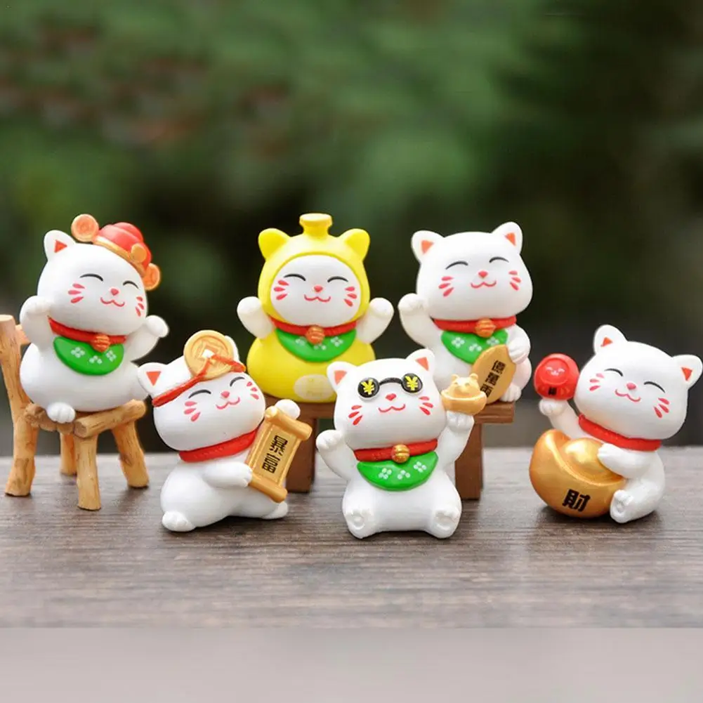 

3/6/7Pcs Set Cartoon Cute Kawaii Ornaments Animal Figurine Lucky Cat Pig Hedgehog Mini Model Wealth Desktop Car Decor