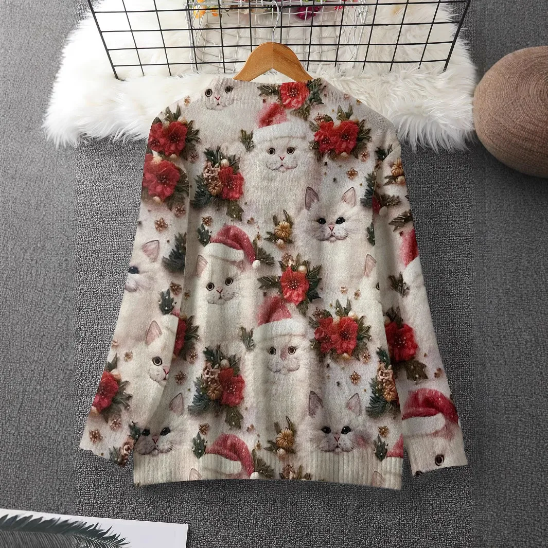 Рождественский вязаный пуловер с котом свитер для женщин круглый вырез длинный
