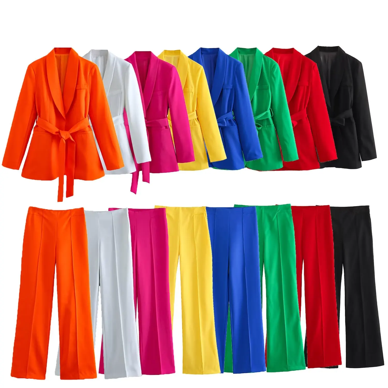 

Set Women 2 Pieces 2023 New Fashion Belt Ceremony Clothes Blazer Coat Vintage Slim-fit Straight High Waist Pants Female Outerwea