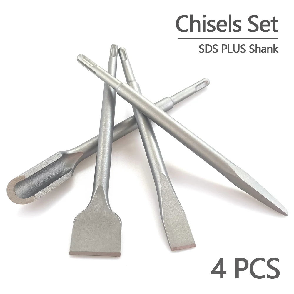 

4PCS Chisel Set SDS Plus Shank Electric Hammer Drill Bit Point Groove Flat Chisel Masonry Tools for Concrete Brick Wall Rock