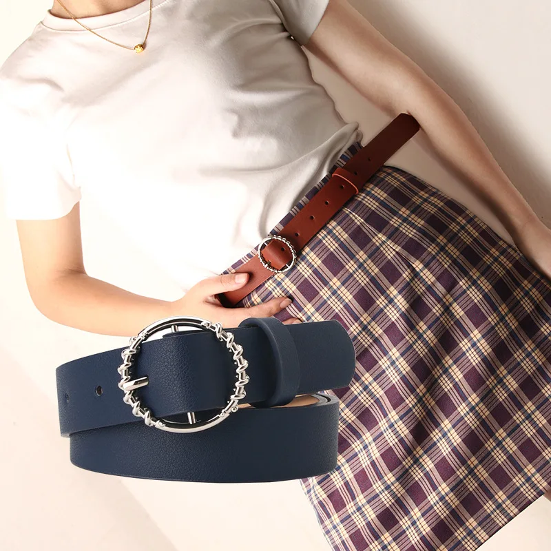 

Women Leather Belt Fashion Round Metal Buckle Female Leisure Dress Jeans Wild Strap Lady Adjustable Belts Tourzoo