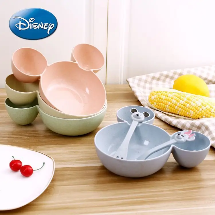 

Disney Children's Cartoon Mickey Bowl Fork Spoon Three-piece Wheat Straw Household Tableware Drop-resistant Grid Plate Fork