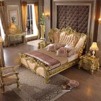 European-style Luxury Villa 2m Big Bed Solid Wood Carved First Layer Cowhide Luxury Hotel Bed Queen Size Bed Frame and Mattress
