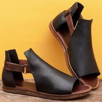 retro women summer velcro sandals casual single shoes women pu leather flats shoes size 35 43 sandalias mujer sapato feminino