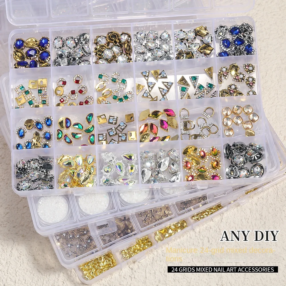 

24 Grid Nail Art Jewelry Mixed Rivet Alloy Crow Heart Cross Pearl Cartoon Bead Nail Decoration DIY Set