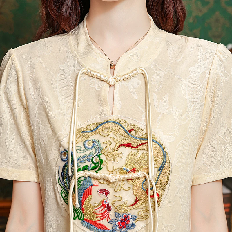 Летняя ретро Cheongsam рубашка с короткими рукавами и женская винтажная вышитая