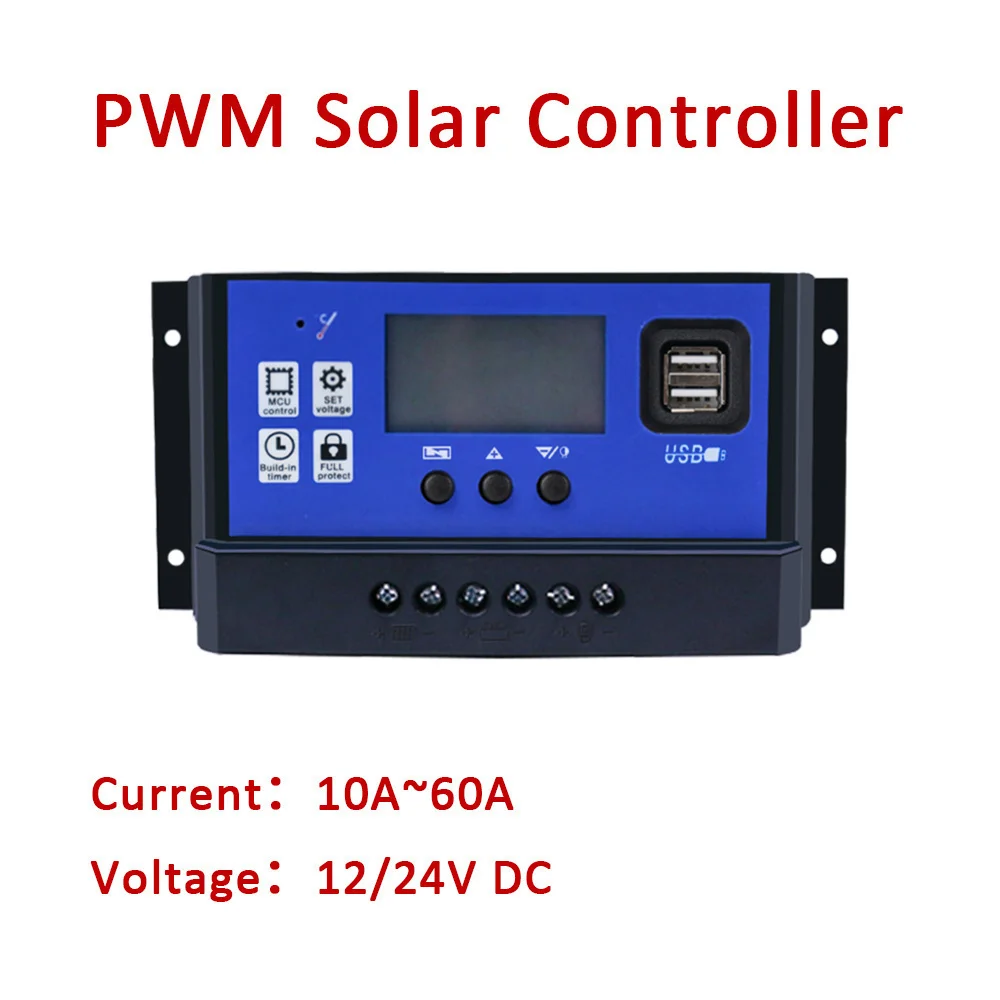 60A PWM Solar Controller Off Grid Solar Panel Regulator 10A 20A 30A 40A 50A Battery Charger Auto 12 24V USB Port Home Appliance