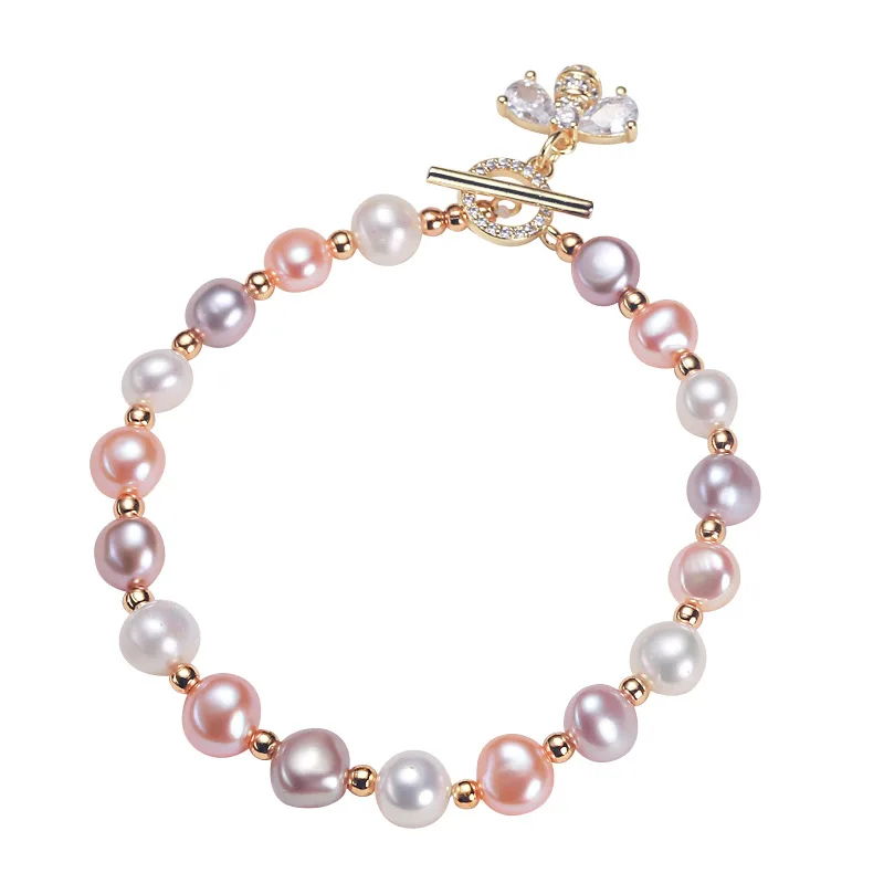 

Freshwater Pearl Bracelet for Women Hand Ornament Copper Inlaid Zircon Bee Baroque Pearl Chinese Style Delicate Jewelry