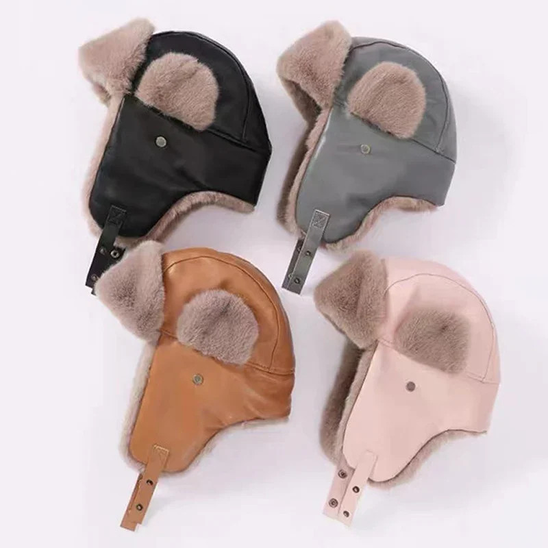 suwana ze sztucznej skóry Aviator dla mężczyzn Kobiety Zimowa gruba czapka bomber Trapper Futrzana pluszowa narciarska Outdoor Russian Style
