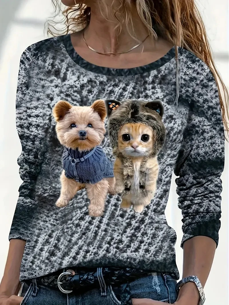 

Женская футболка с 3D-принтом милой собаки, модные футболки с животными, повседневные топы с длинным рукавом, футболки, винтажная свободная футболка