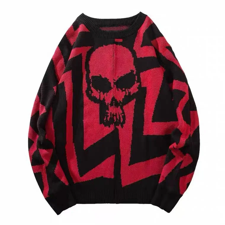 

Knitted Vintage Sweaters Men Cotton Skull Print Oversized Pullover Hip Hop Punk Style Hipster Jumper Streetwear Autumn Spring