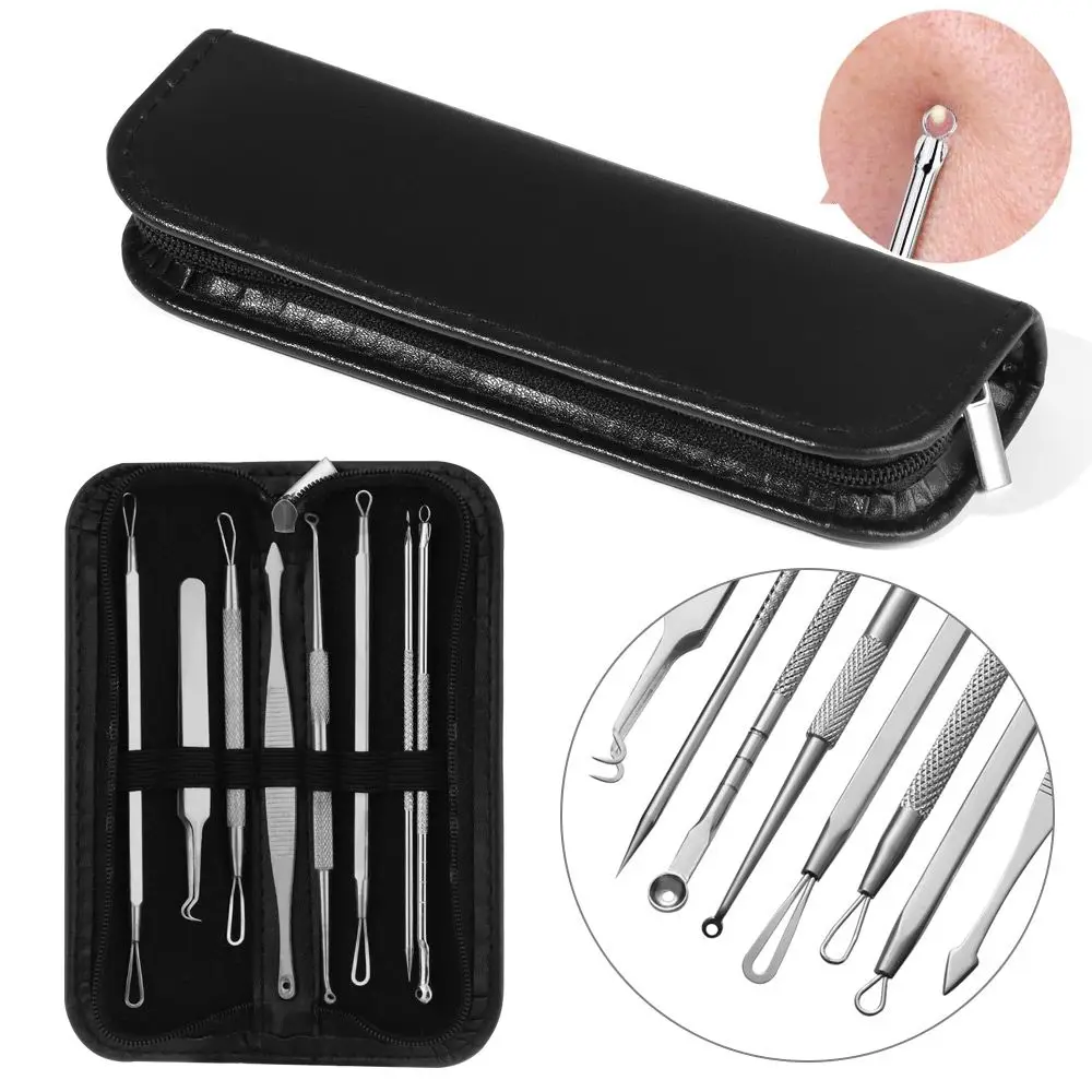 

8Pcs Stainless Steel Blackhead Extractor Pimple Blemish Extractor Facial Skincare Set Kit With Leather Storage bag Remover Tool
