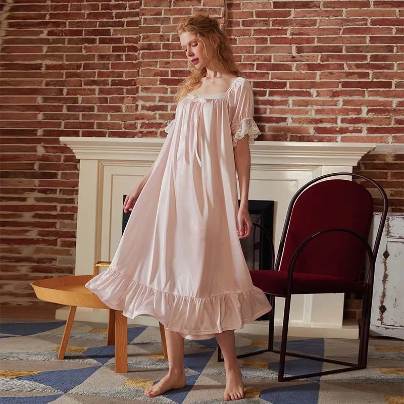 

Wasteheart Summer Women Homewear Female Pink Sexy Sleepwear Nightdress Lace Bow Nightwear Nightgown Homewear Luxury Gown