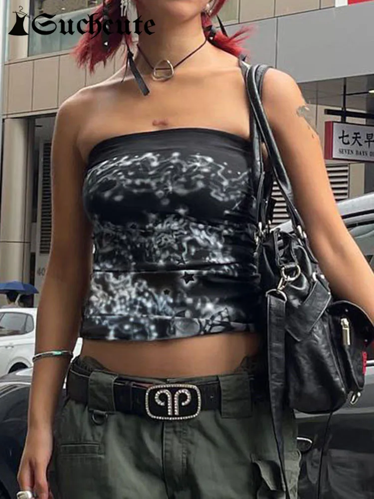 

SUCHCUTE Gothic Graphics Print Crop Tops Women Vintage Sleeveless 90s Black Vest Streetwear Dark Academia Skinny Camis Summer