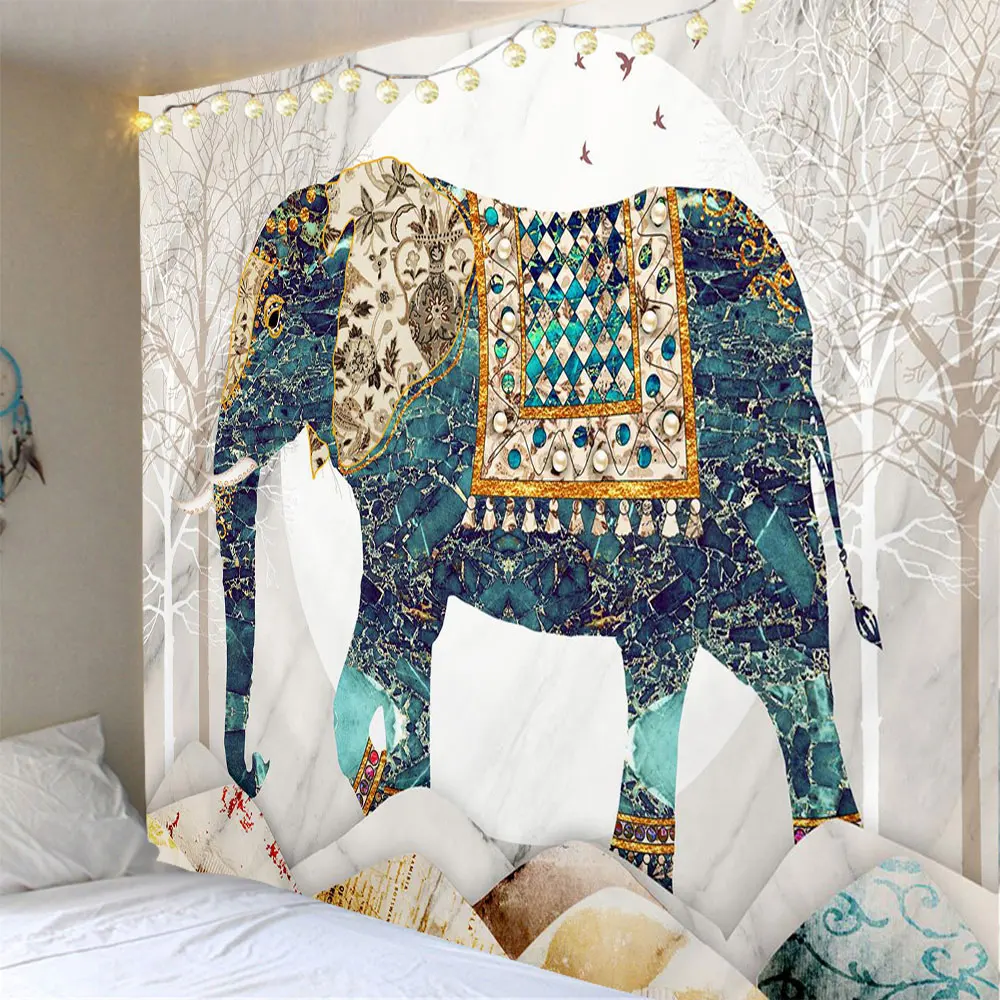 

Indian Elephant Moon Forest Tapestry Hippie Mandala Bohemian Boho Style Aesthetic Wall Decor For Bedroom Home Decoration