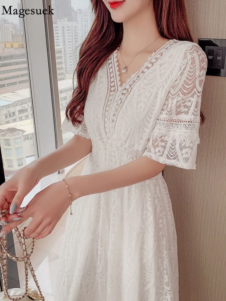 

Женское кружевное платье с коротким рукавом, элегантное белое винтажное платье с V-образным вырезом, вечерние 2022 в Корейском стиле на лето, ...