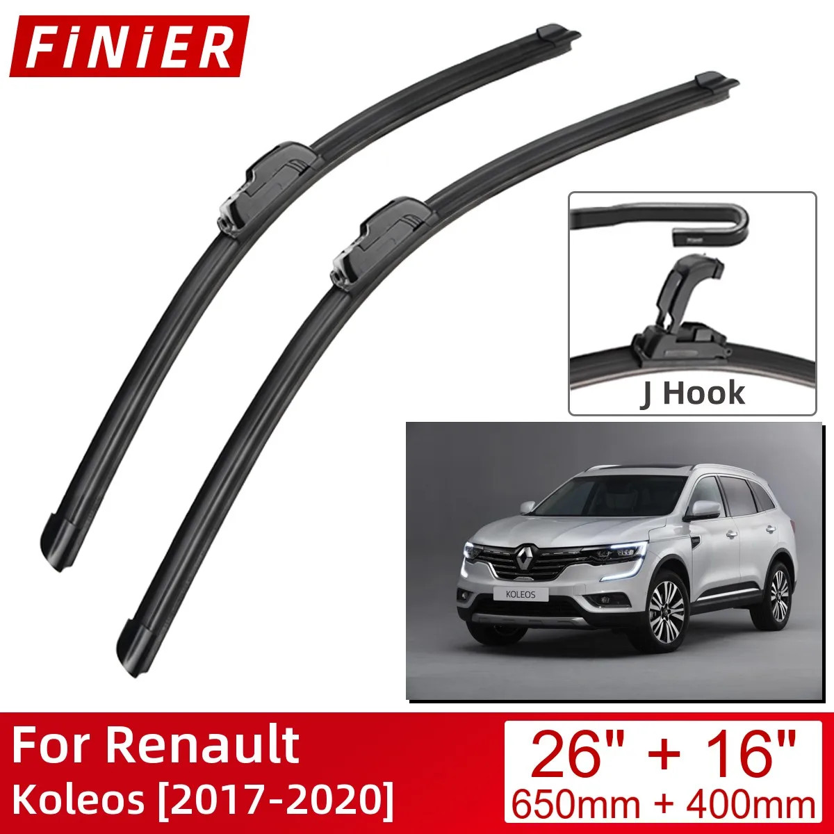 

For Renault Koleos 2017-2020 26"+16" Car Accessories Front Windscreen Wiper Blade Brushes Wipers U Type J Hooks 2020 2019 2018