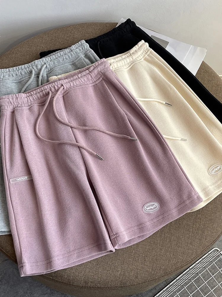 

Шорты женские с завышенной талией и широкими штанинами, летние фиолетовые штаны до колен, тонкие хлопковые повседневные свободные Джоггеры в Корейском стиле с Кулиской
