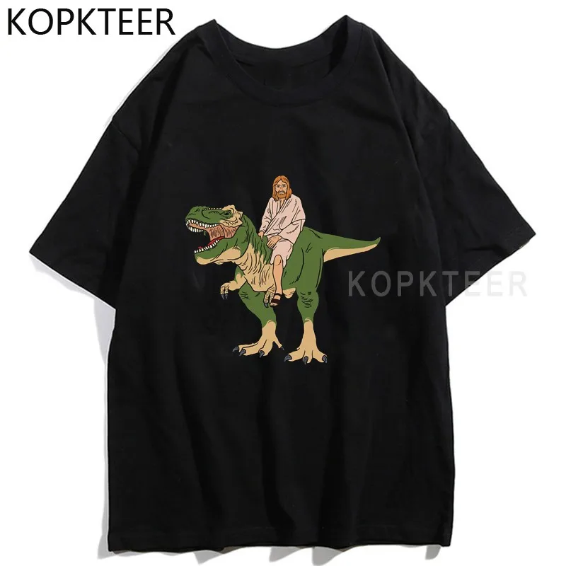 

Jesus On Dinosaur T Shirt Streetwear T-Shirt Comfortable Short Sleeve Homme Asian Size 100%Cotton Harajuku Tees Camisa Masculina