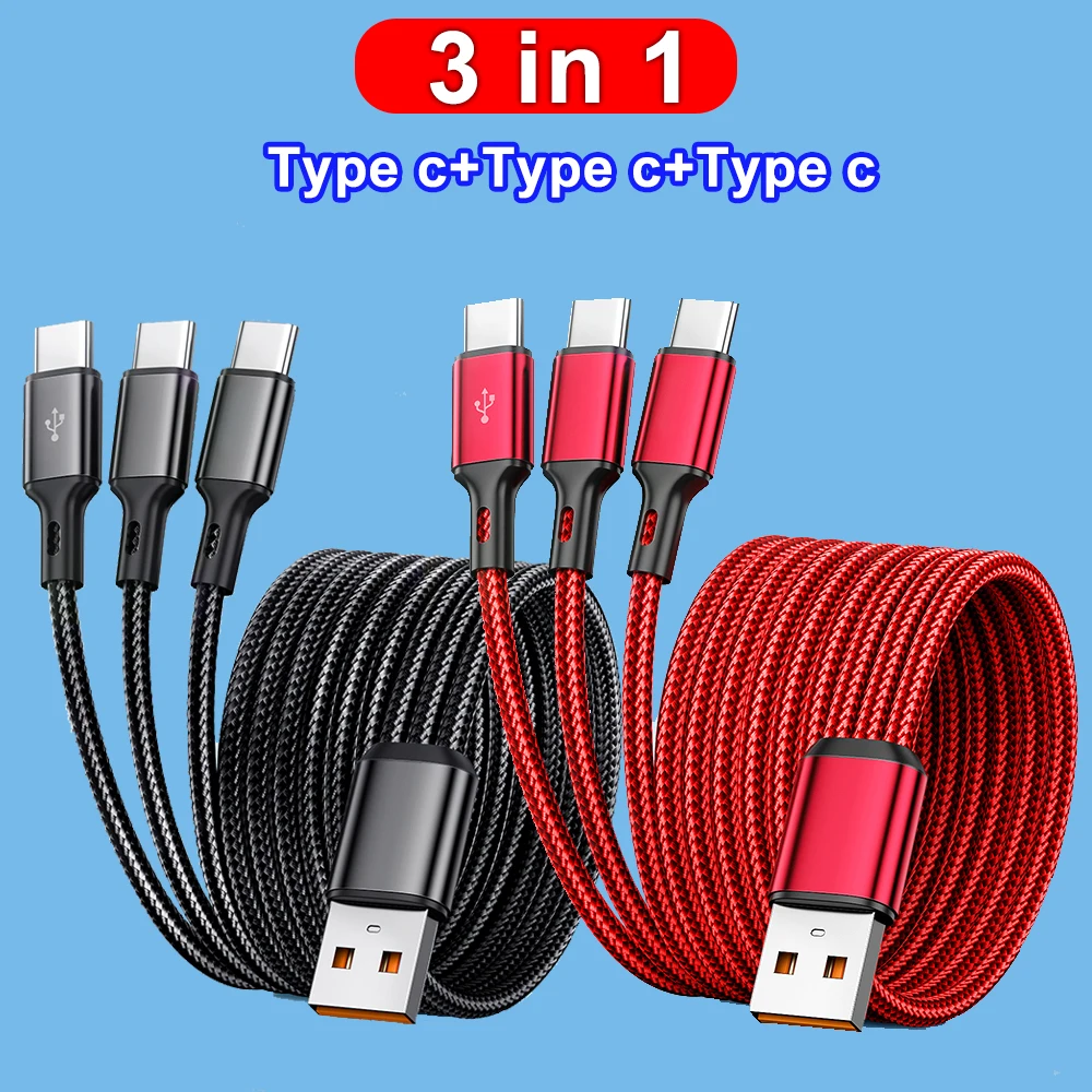 3 в 1 USB на × Тип - C Кабель 100 Вт 6 А для быстрой зарядки Samsung S24 Xiaomi Huawei android телефон usb c
