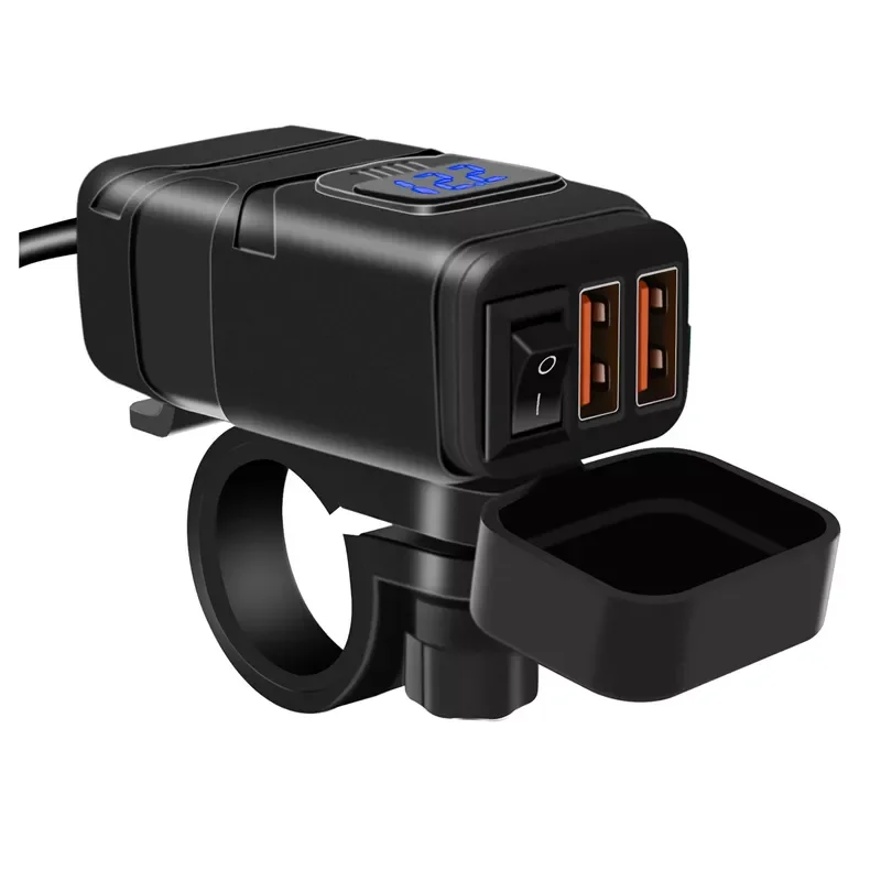 

Waterproof Dustproof Dual USB Port Motorbike Motorcycle Charger Socket Black Square Power Adapter Real-time Voltage Monitoring