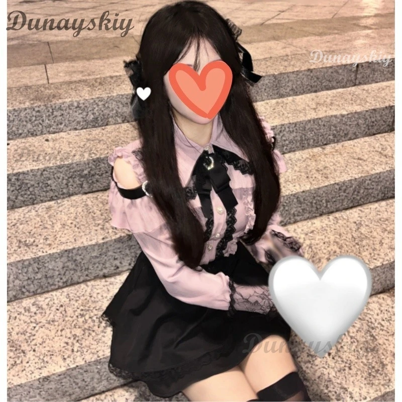 Фото Jirai Kei Lolita, наряд для девочек, рубашка с длинными рукавами и бантом, комплект с юбкой, женский Kawaii Y2K, японская эстетичная повседневная одежда №5