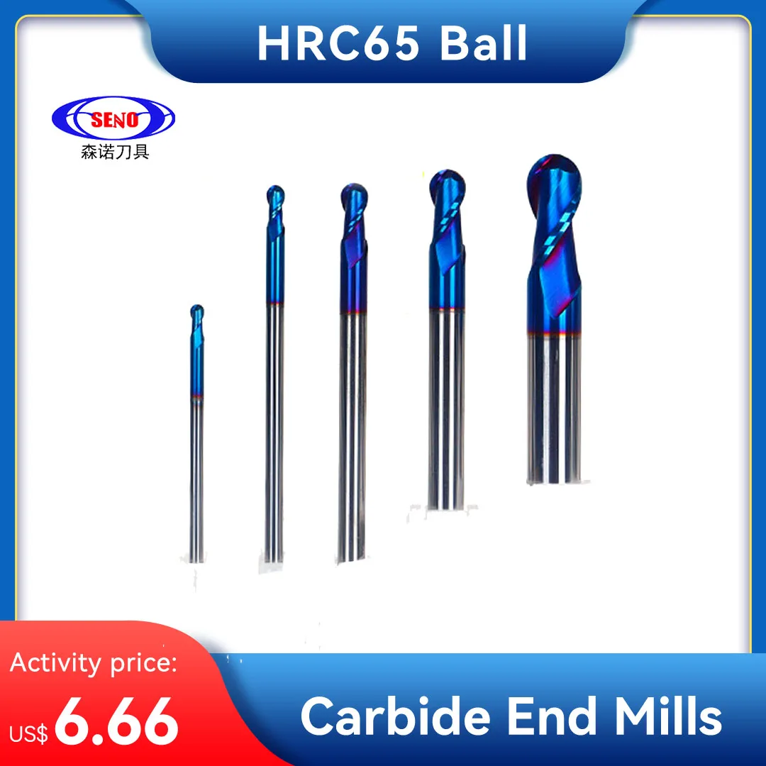SENO HRC65 2 Flutes Extended Ball End Mill Carbide Tool CNC Milling Cutter Router Drill Mill R3 R4 R5 R6 R10 100mm EndMills