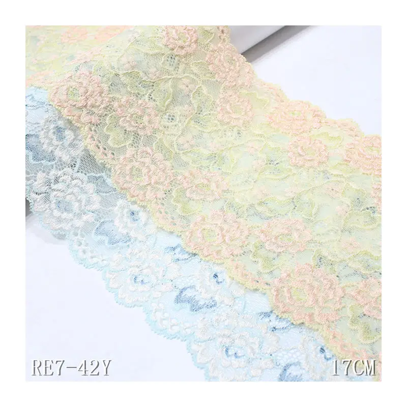 

50Yards 17cm Baby Blue 3D Flower Elastic Lace Nylon Spandex Fabric for Bra Yellow Mesh Lace