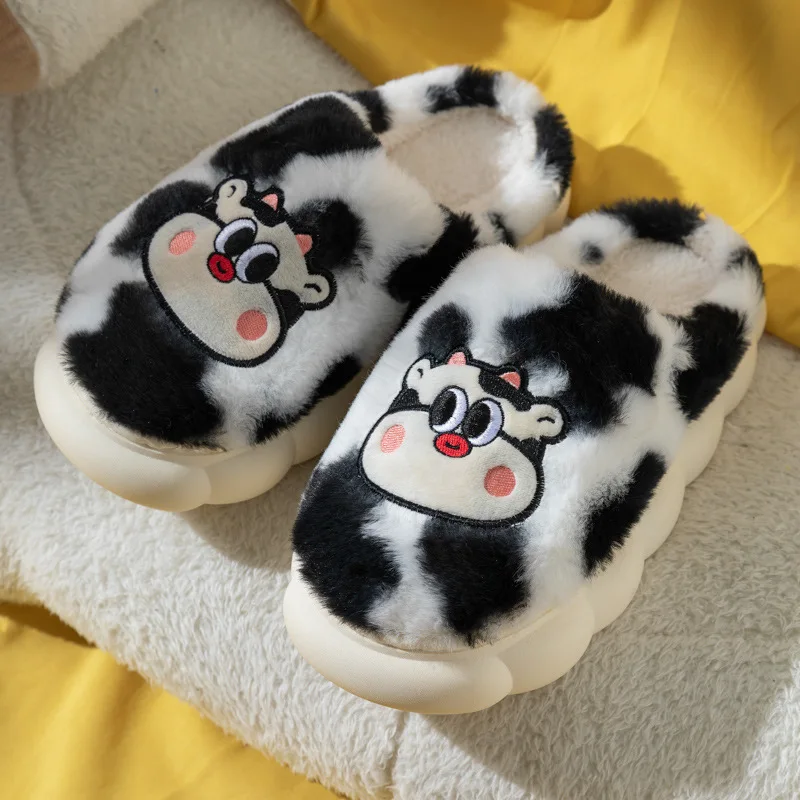 Winter Animal Cotton Slippers Women Design Cute Cow Furry Warm Ladies' Slides Indoor Soft Plush Unisex Memory Foam Platform Shoe