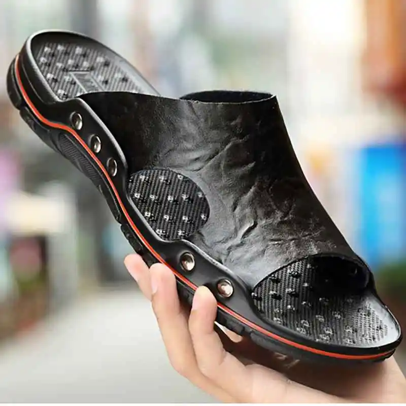 

Genuine Leather Slippers Men Big Size 48 47 Slip on Casual Shoes Summer Breathable Outdoor Mens Slides Comfortable Beach Sandals