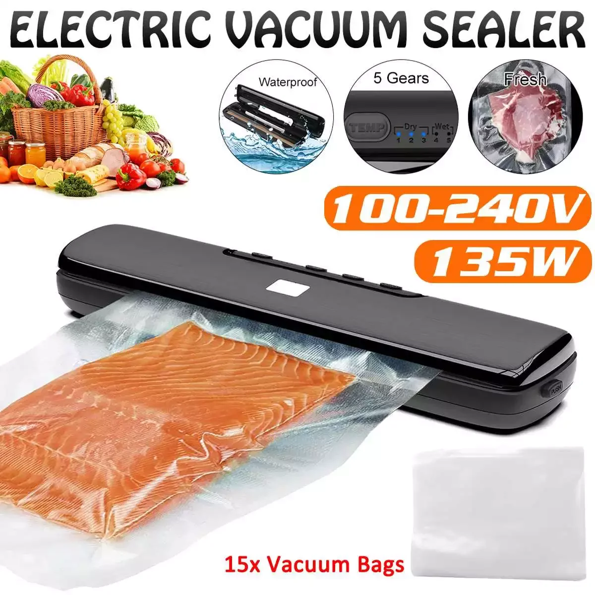 

Vacuum Packing Machine 100V-240V Commercial Household Food Vacuum Sealer Film Sealer Vacuum Packer Include 15Pcs Bags