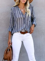 2022 summer new womens shirt striped half open v neck casual long sleeve temperament loose striped rolled sleeve button jacket