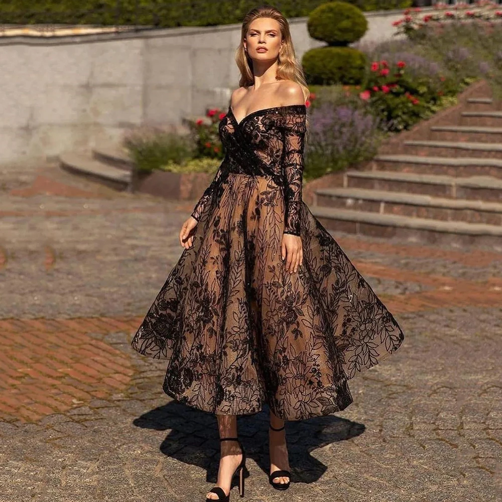 

Exquisite Off Shoulder Prom Dresses Long SLeeve Lace Sexy Backles فساتين سهرة فخمه Evening Party Dress vestidos de gala