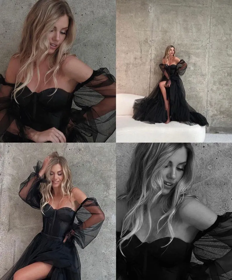 

Black Gothic Retro A-line Wedding Dress 2023 Princess Fluffy Sleeve Lace Off Shoulder Tank Top De Novia Backless