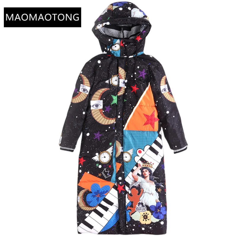 

down coat women luxury Brand Designer Winter Black Jacket Long sleeve Vintage Cartoon print Hat Long Jacket Overcoat Outwear