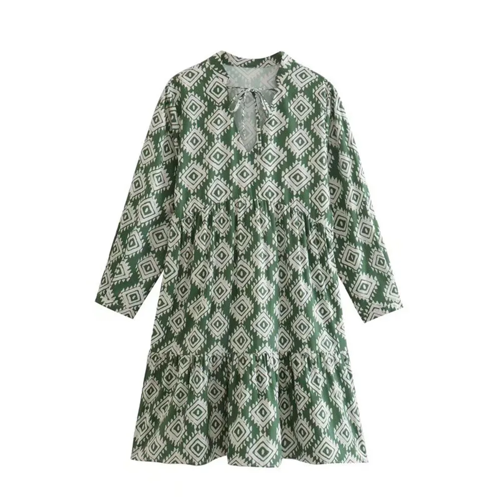 

ZATRHMBM 2022 Female clothing New Fashion print long sleeves dress lacing mini skirts V neck chic and elegant woman dress