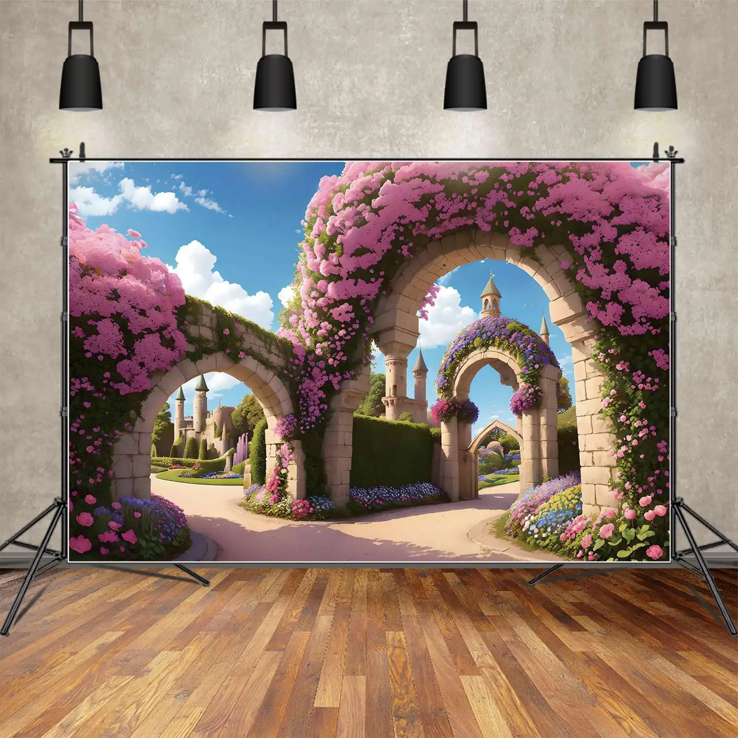 

Spring Flower Princess Backdrop For Birthday Party Customized Children's Pink Blossom Castle Home Photography Backgrounds Props