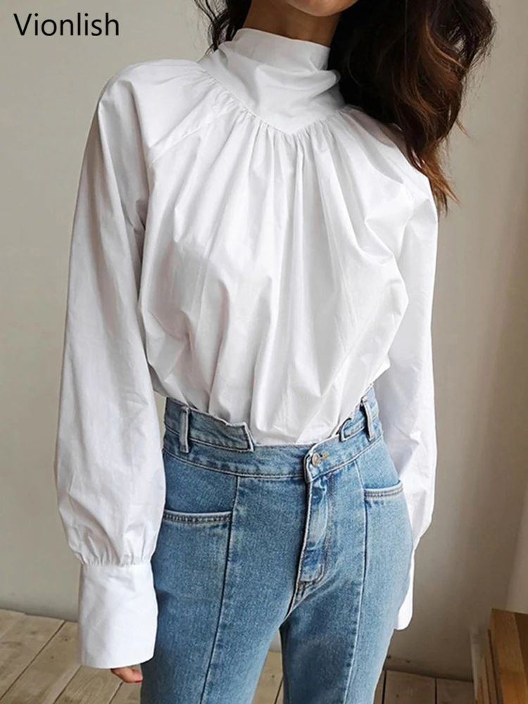 

Элегантная блузка Vionlish со стоячим воротником, женская рубашка на шнуровке, свободные Женские однотонные рубашки с длинным рукавом, Осенние ...