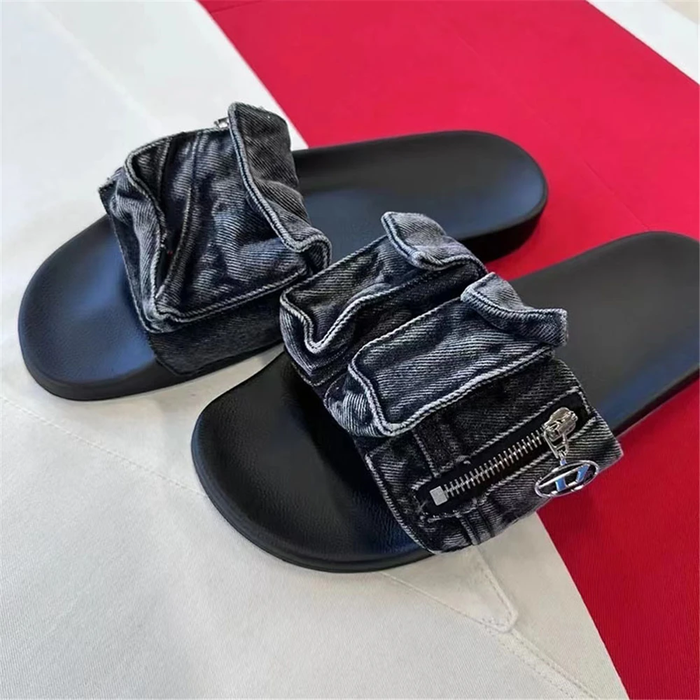 Women's New Shoes Flat Bottom Soft Sole Denim Zipper Decoration Slippers Round Toe Open Toed Beach Party Ladies Large Sandals